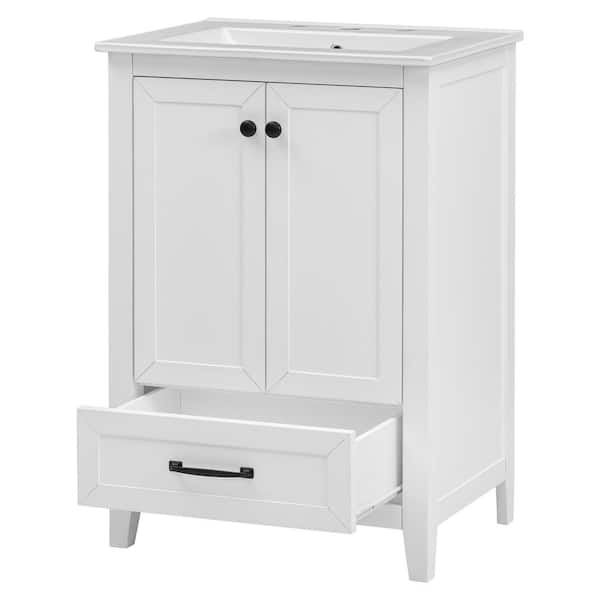 24 in. W in Single of Sink Freestanding Vanity White Bath Vanity with White Ceramic Top Basin