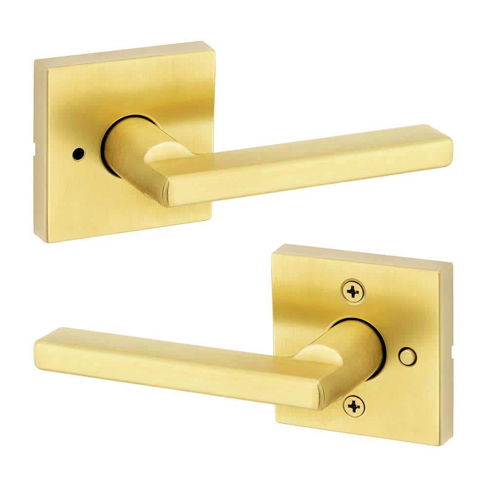 Kwikset Halifax Square Satin Brass Privacy Bed Bath Door Handle Lever ...