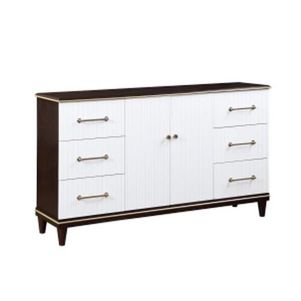 Benjara Gold, White, Brown, Brass 6-Drawer 66 in. W Dresser Without Mirror