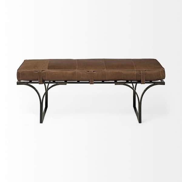 HomeRoots Amelia Brown 55 in. Genuine Leather Bedroom Bench Backless Upholstered