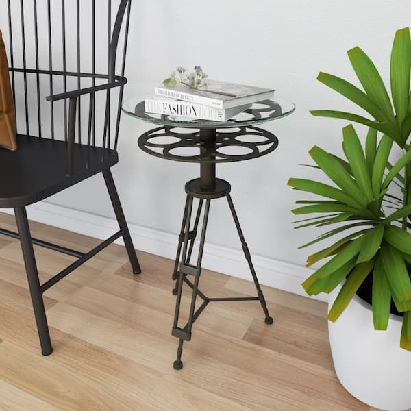 Reviews for Litton Lane 15 in. Black Film Reel Large Round Glass End Accent  Table with Tripod Legs and Glass Top