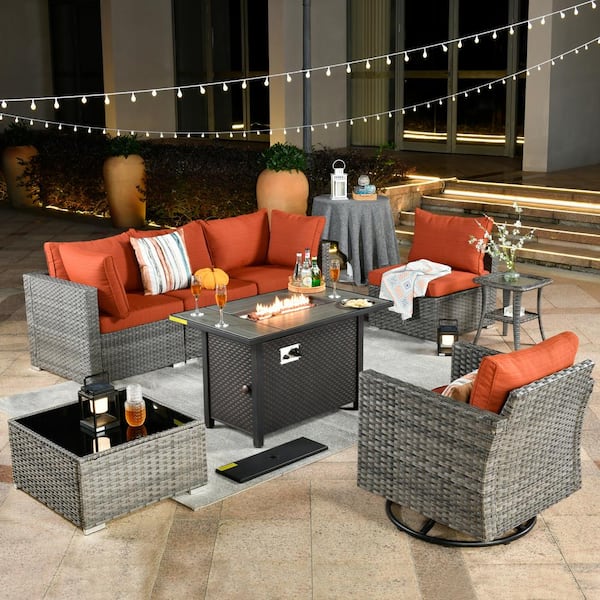 Sanibel Gray 8-Piece Wicker Outdoor Patio Conversation Sofa Sectional Set with a Metal Fire Pit and Orange Red Cushions