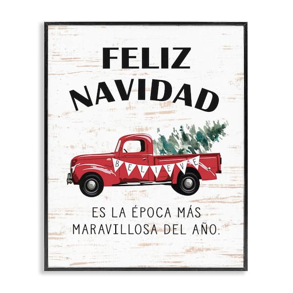 Stupell Industries Feliz Navidad Red Truck Xmas by Lettered and Lined Black Framed Abstract Giclee Art Print 14 in. x 11 in.