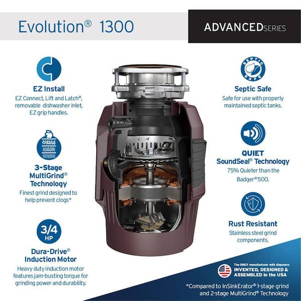 Evolution 1300, 3/4 HP Garbage Disposal, Advanced Series EZ Connect Continuous Feed Food Waste Disposer