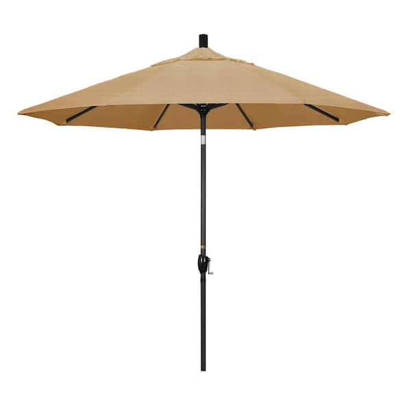 California Umbrella 9 ft. Black Aluminum Pole Market Aluminum Ribs Push Tilt Crank Lift Patio Umbrella in Linen Sesame Sunbrella