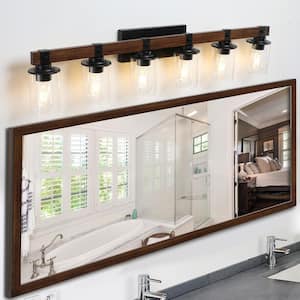 42.3 in. 6-Light Walnut+black Farmhouse Vanity Light with Clear Glass Shades (Bulbs Not Included)