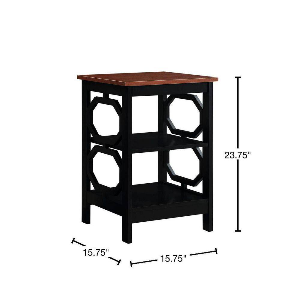 Round Cherry & Black Wood Omega End Table with Shelves