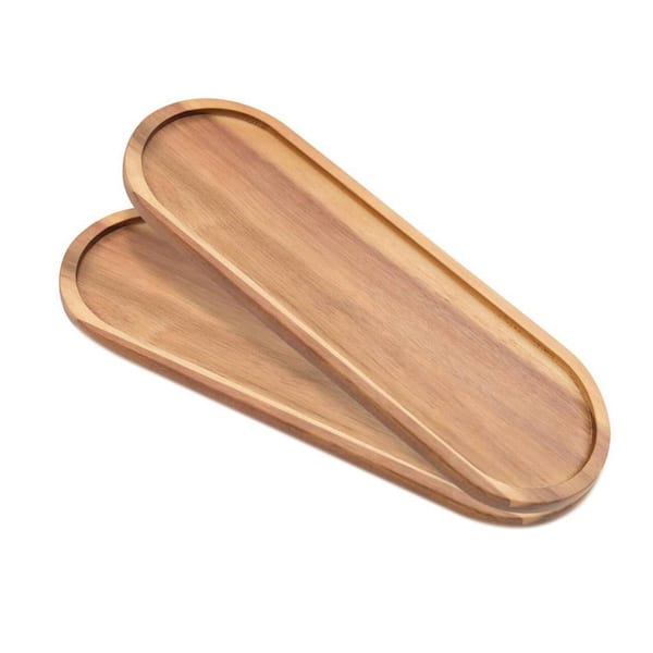 Platters Acacia Natural Set of 2 Wood Vanity Trays 14 x 4.5 x 0.6 in. Hand-Polished Grain Bathroom Organizer Unit