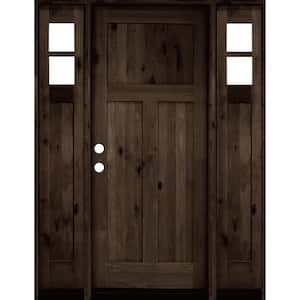60 in. x 80 in. Knotty Alder 3 Panel Right-Hand/Inswing Clear Glass Black Stain Wood Prehung Front Door with Sidelites
