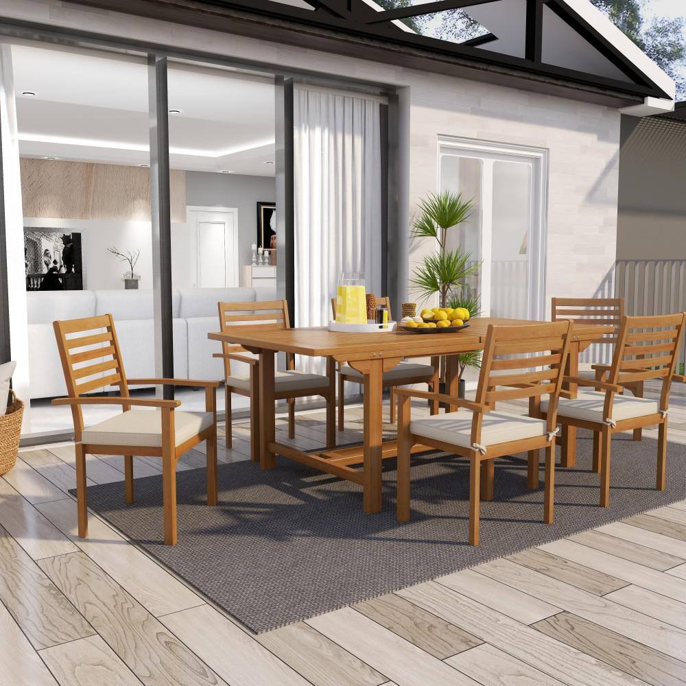 Brown Teak 7-Piece Outdoor Dining Set with White Cushions