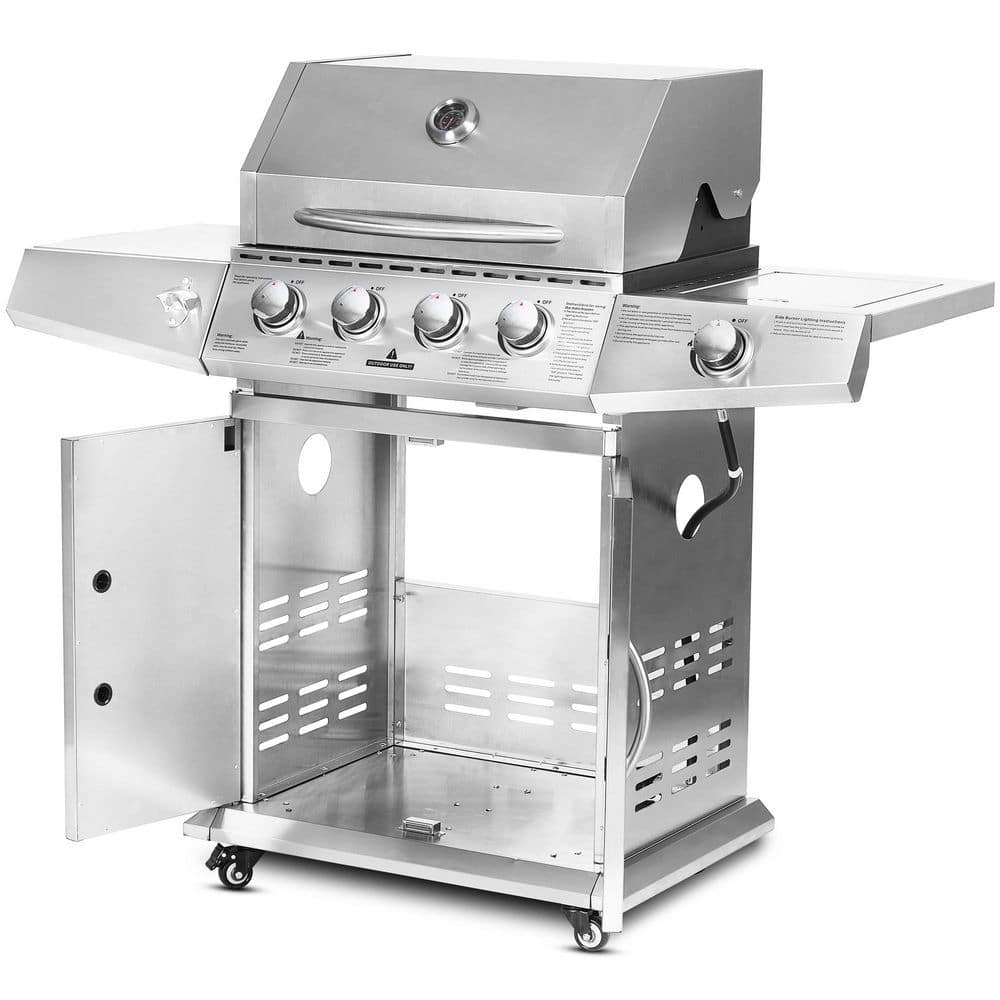 Portable Propane Gas Grill in Stainless Steel with 4 Burners Side Burner and Wheels