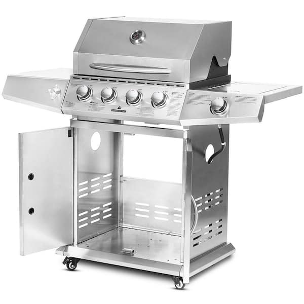 Portable Propane Gas Grill in Stainless Steel with 4 Burners Side Burner and Wheels