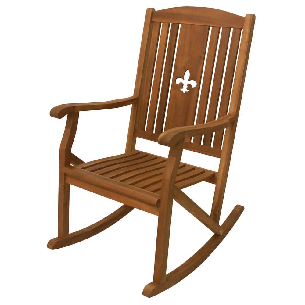 Sequoia Brown Acacia Wood Outdoor Rocking Chair with Fleur-De-Lis