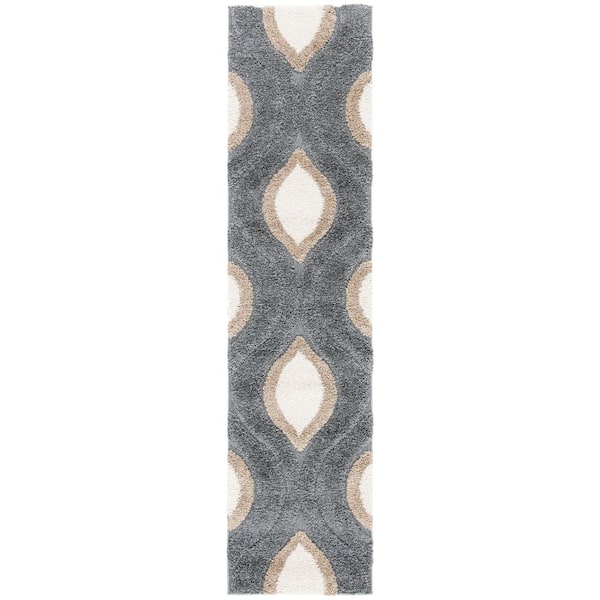 Florida Shag 2 ft. x 9 ft. Gray/Ivory Geometric Runner Rug
