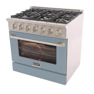 36 in. 5.2 cu. ft. 6-Burners Dual Fuel Range Natural Gas in Stainless Steel, Light Blue Oven Door with Convection Oven