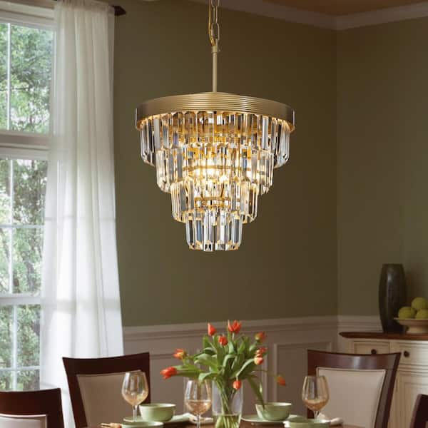 3-Light Tiered Gold Mini Chandelier With Clear Crystals