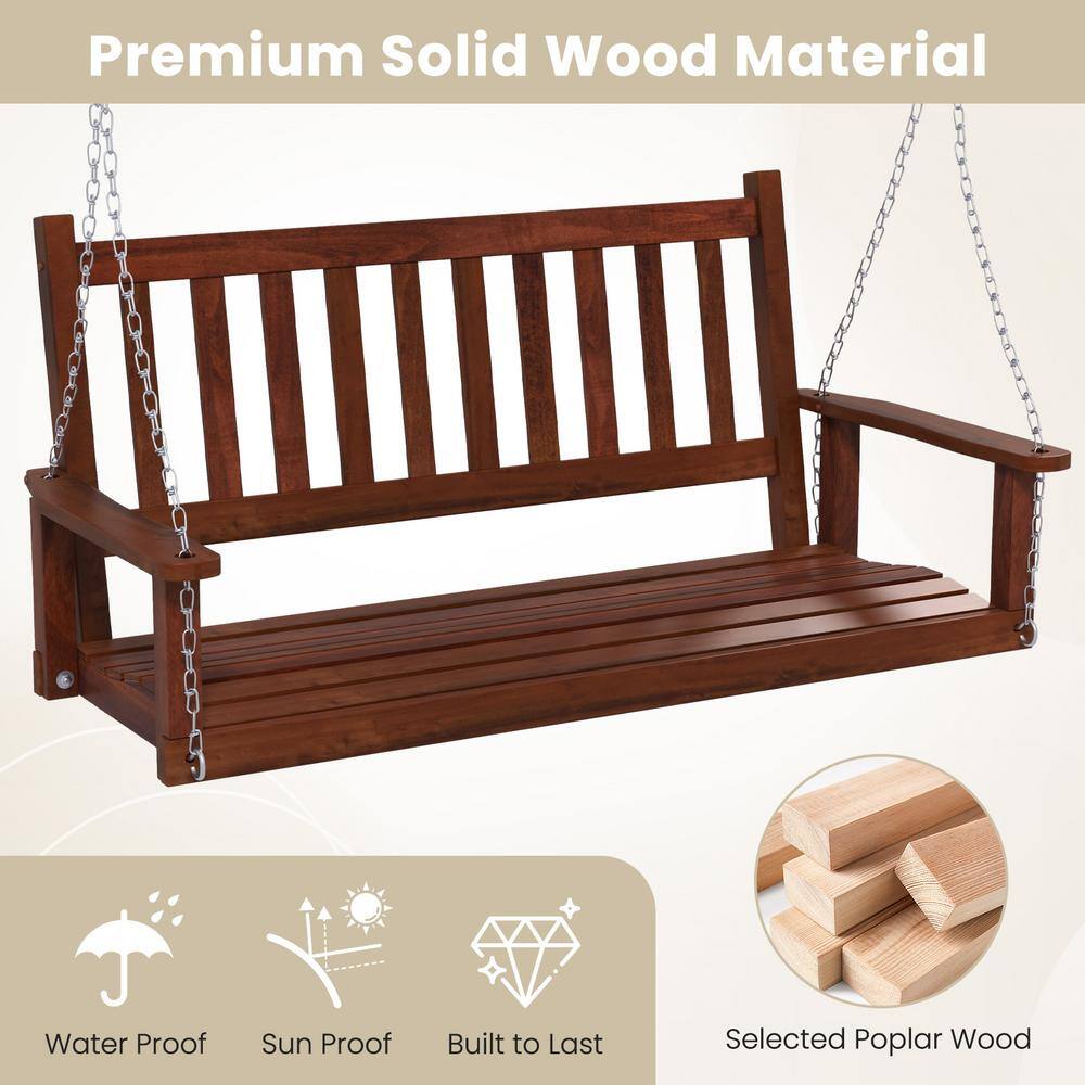 Brown Poplar Wood 3-Person Outdoor Porch Swing with Metal Chains