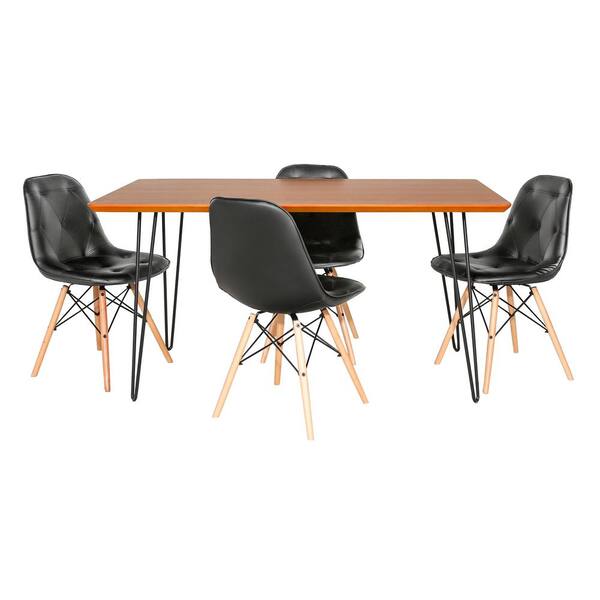 Walker Edison Furniture Company Contemporary Mid Century Modern Square Hairpin 5-Piece Walnut/Black Dining Set with Eames Chairs
