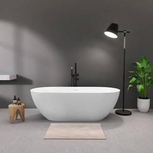 Moray 59 in. Stone Resin Flatbottom Solid Surface Freestanding Double Slipper Soaking Bathtub in White with Brass Drain