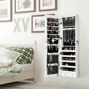 Wall and Door Mounted White Mirrored Jewelry Cabinet Storage Organizer with Lights and Drawer