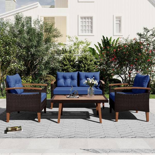 4-Piece Garden Furniture, Patio Seating Set, PE Rattan Outdoor Sofa Set, Wood Table and Legs, Brown and Blue