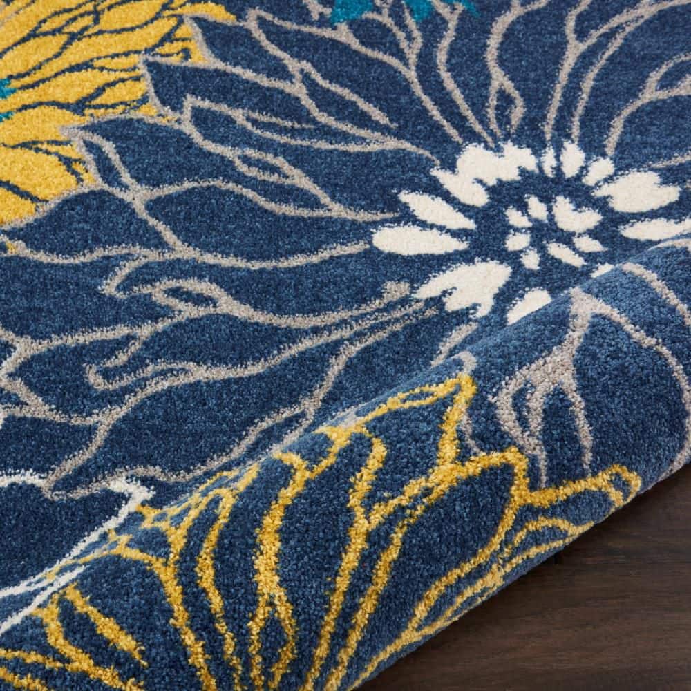 Blue and Yellow Floral Synthetic Easy Care Area Rug