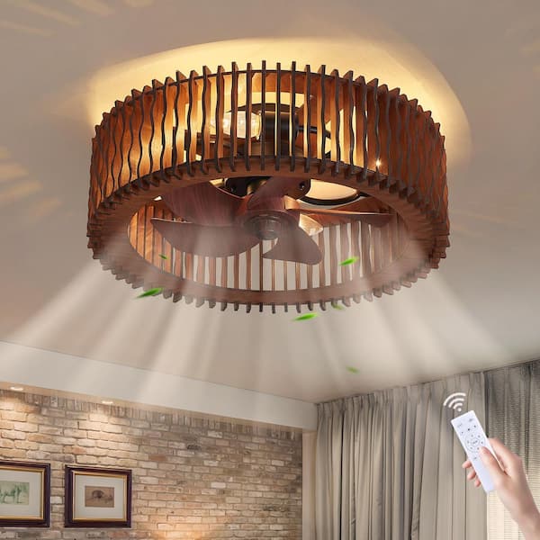 20 in. Dark Coffee Flush Mount Ceiling Fan with Light, Rustic Wavy Wood Caged Low Profile with Remote Reversible Blades