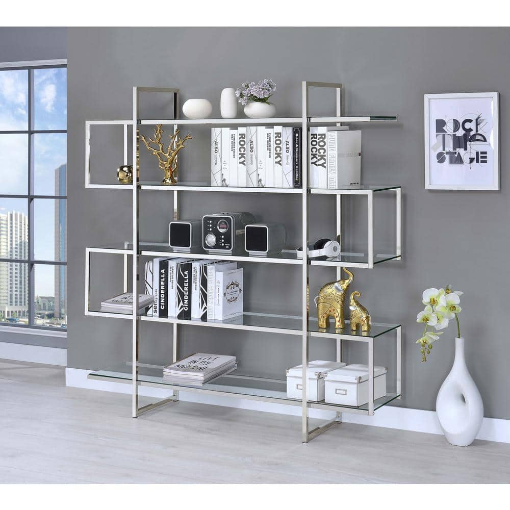 Chrome and Clear Glass 5-Tier Modern Bookcase