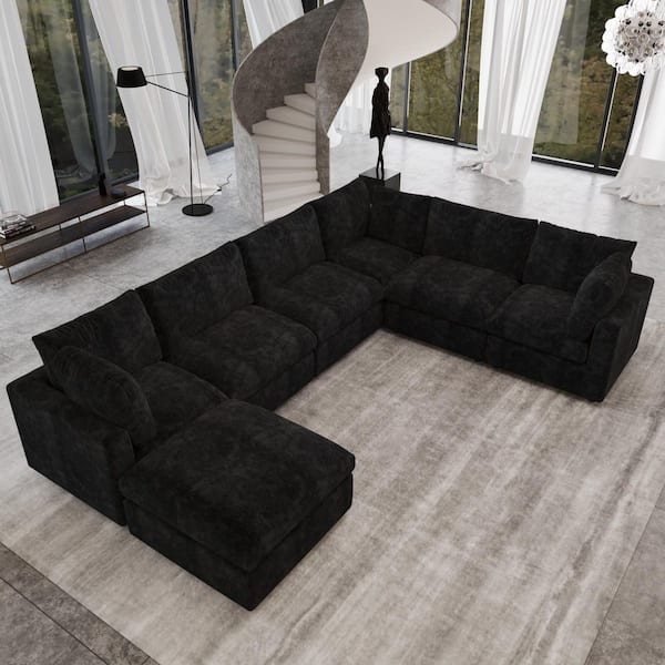 134 in. Square Arm Chenille 7-Piece Modular Free Combination Convertible Sectional Sofa with Movable Covers in Black