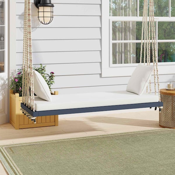 Patio 2-Person Gray Acacia Wood Porch Swing with Beige Cushions and Pillows