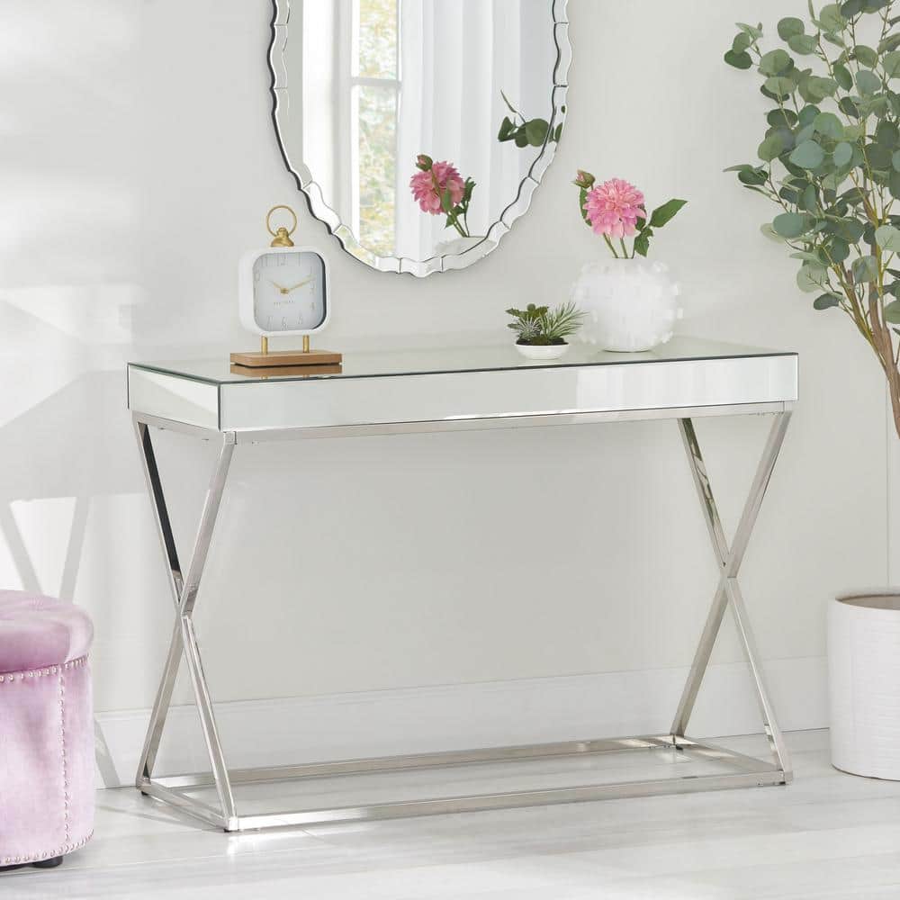 Silver Mirrored Glass and Metal Console Table