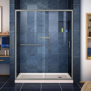 Infinity-Z 32 in. x 60 in. Semi-Frameless Sliding Shower Kit Door Center Drain Shower Base in Biscuit