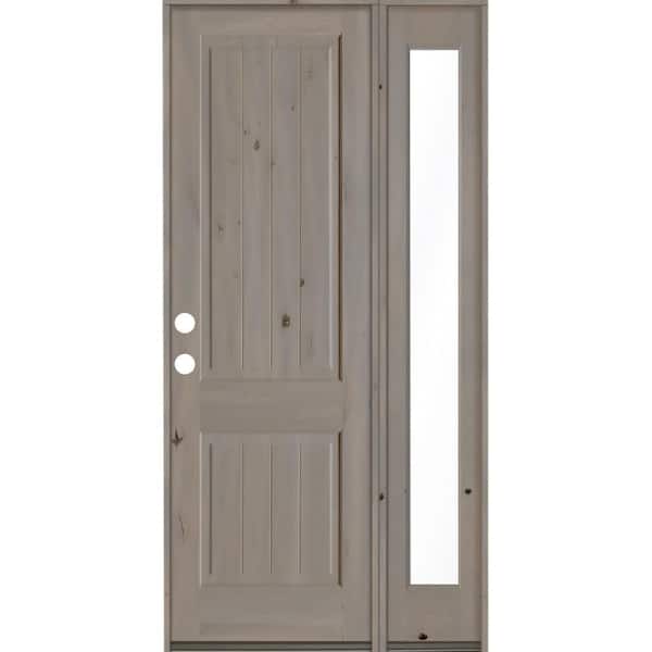 Krosswood Doors 46 in. x 96 in. Rustic Knotty Alder Square Top Right-Hand/Inswing Glass Grey Stain Wood Prehung Front Door with RFSL