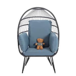 Wicker Outdoor Lounge Chair Oversized Egg Chair with Stand Blue Cushion Egg Basket Chair for Patio Garden Backyard