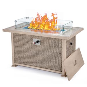 44 in. Gray Rectangle Propane Fire Picnic Tables, 50,000 BTU Auto-Ignition Gas Fire Table with Glass Wind Guard