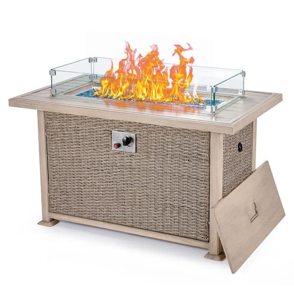 Zeus & Ruta 44 in. Gray Rectangle Propane Fire Picnic Tables, 50,000 BTU Auto-Ignition Gas Fire Table with Glass Wind Guard