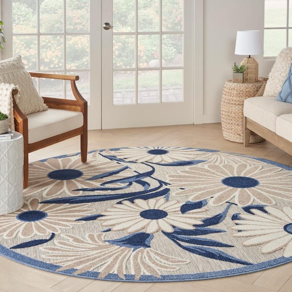 Aloha Blue Grey 5 ft. Round Botanical Contemporary Indoor/Outdoor Area Rug