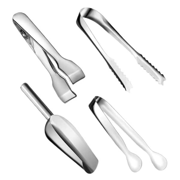 Stainless Steel Ice Tongs Scoops sets for Party, Freezer, Kitchen, Food Buffet, Cocktail Bar and BBQ, Silver (4-Pack)