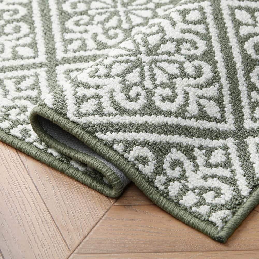 Ivory and Sage Geometric Tufted Runner Rug, 60" x 25"