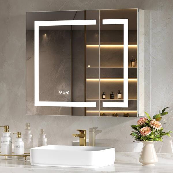 HOMEIBRO 30 in. W x 26 in. H Rectangular Recessed or Surface Mount  Frameless Medicine Cabinet with Mirror C9230054F6-30*26-LSQ