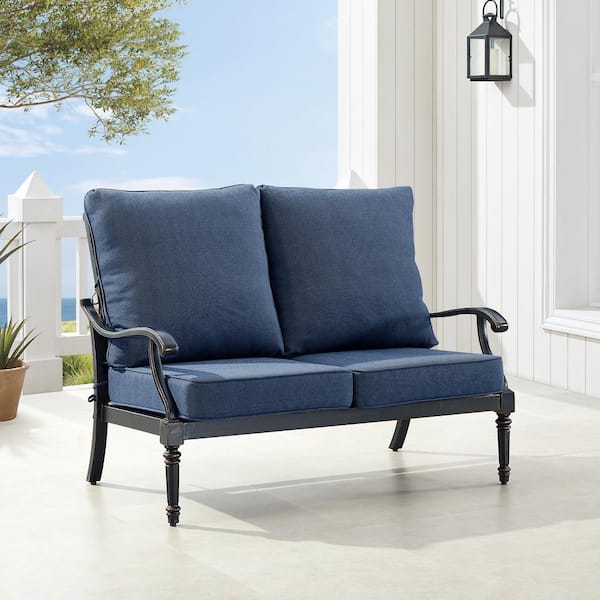 Black 1-Piece Aluminum Outdoor Loveseat with Blue Cushion
