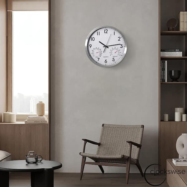 CLOCKSWISE 14 in. Non-Ticking Silver Wall Clock with Thermometer