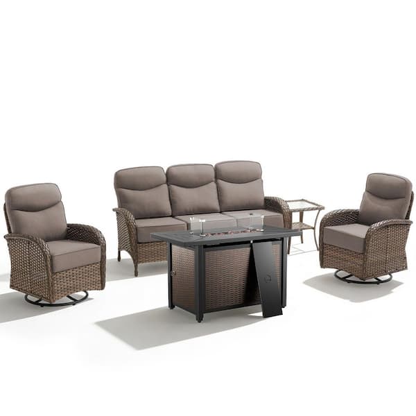 High Crescent 5-Piece Brown Wicker Patio Conversation Set with Gray Cushions and Stree Fire Pit Table