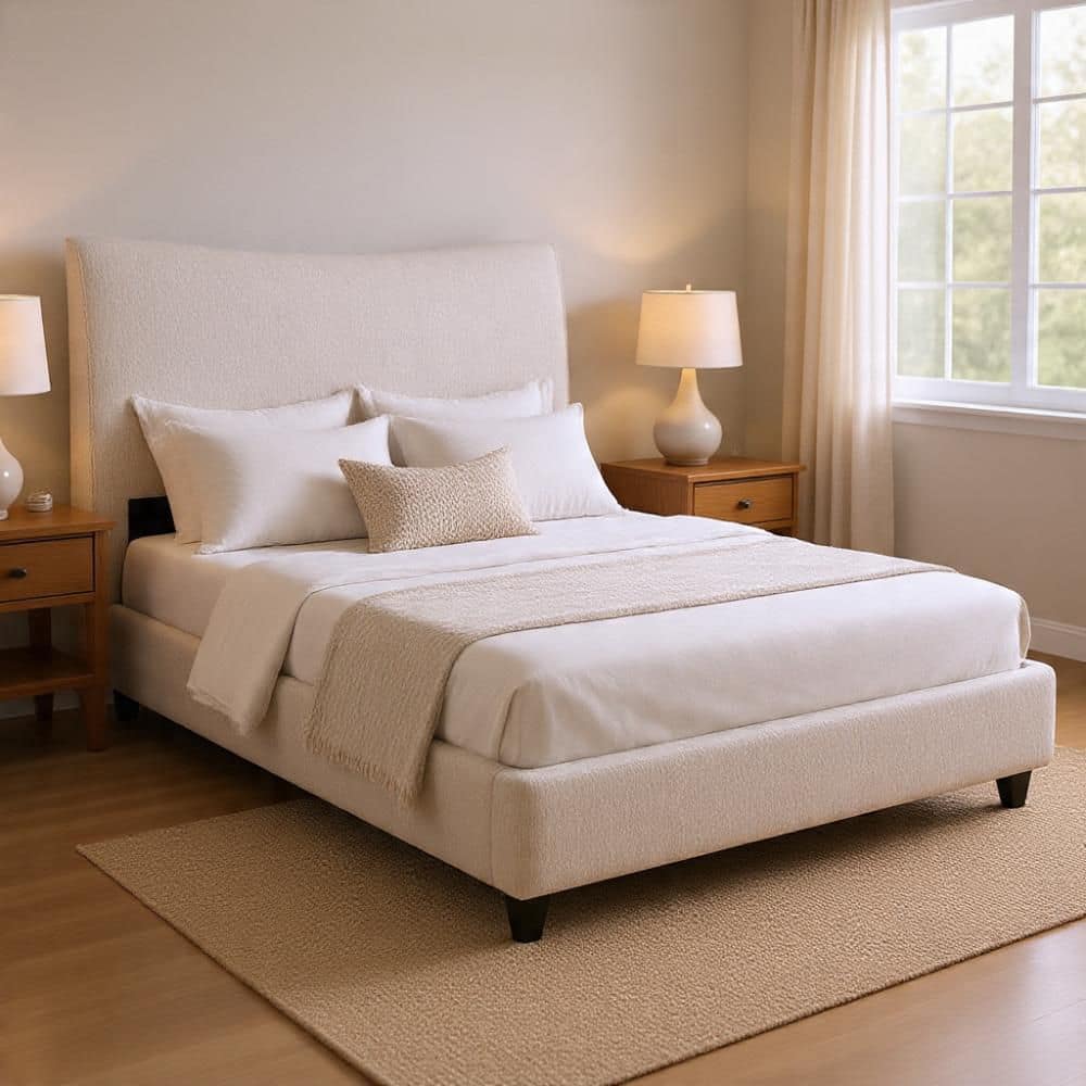 Rery Beige Wood Frame Full Size Platform Bed with Padded Upholstery and Low Profile Platform