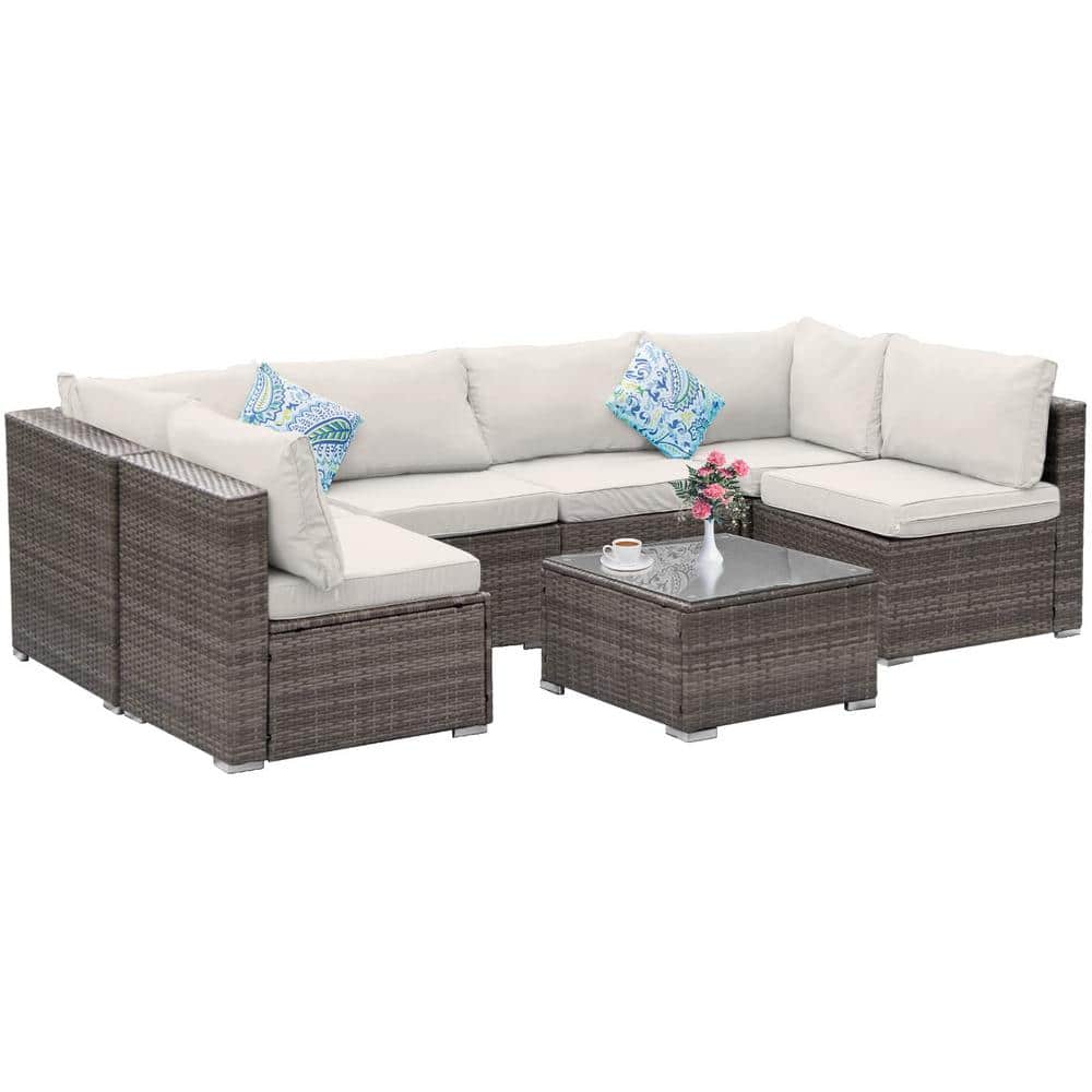 7-Piece brown Wicker Outdoor Patio Sectional Sofa Conversation Set with bei