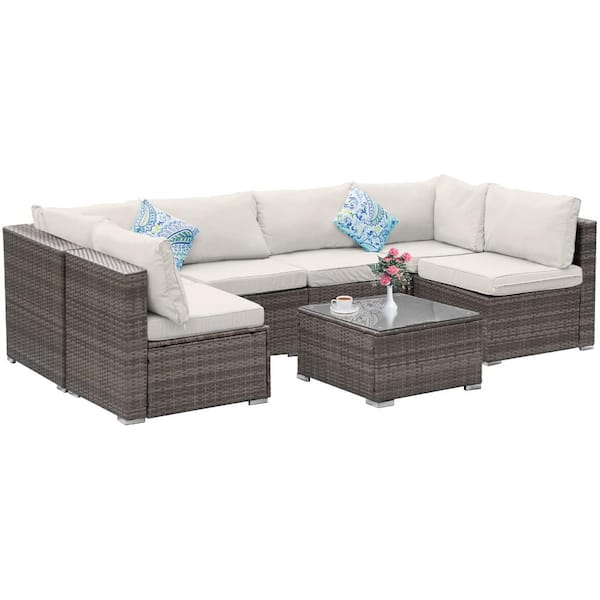 Unbranded 7-Piece brown Wicker Outdoor Patio Sectional Sofa Conversation Set with beige Gray Cushions and 1 Coffee table