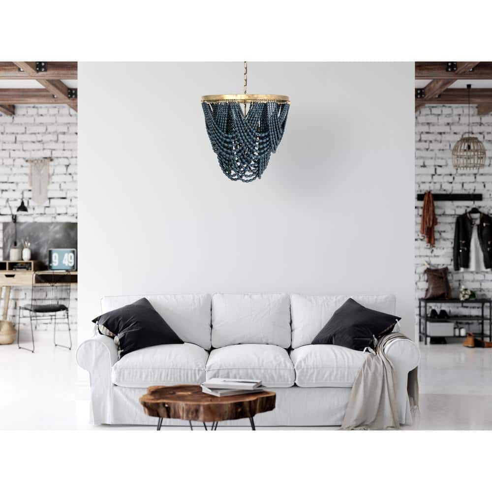 Blue Wood Bead 2-Tier Chandelier with Gold Frame