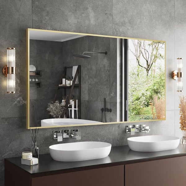 55 in. W x 30 in. H Large Rectangle Aluminum Alloy Framed Wall Mounted Bathroom Vanity Accent Mirror in Brushed Gold