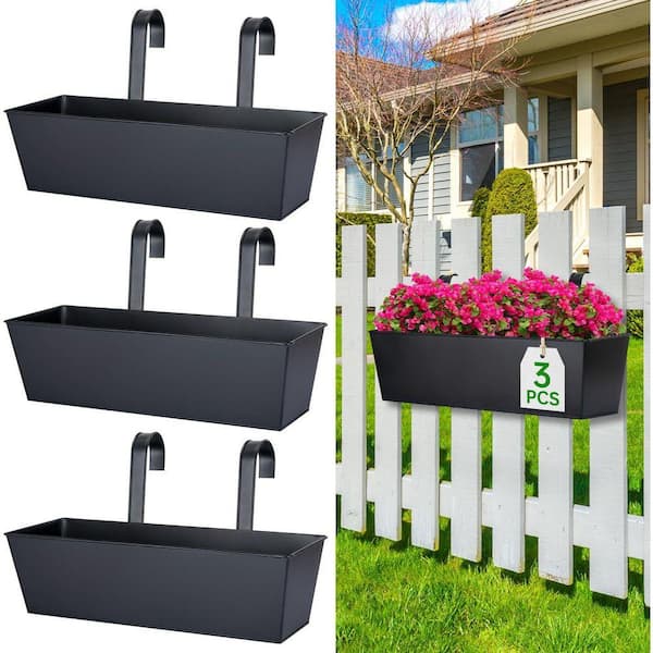 Justincity 16 in. Black Finish Metal Hanging Railing Planter Box with Wide Hooks for Outdoor Deck Fence Patio, 3 Pack