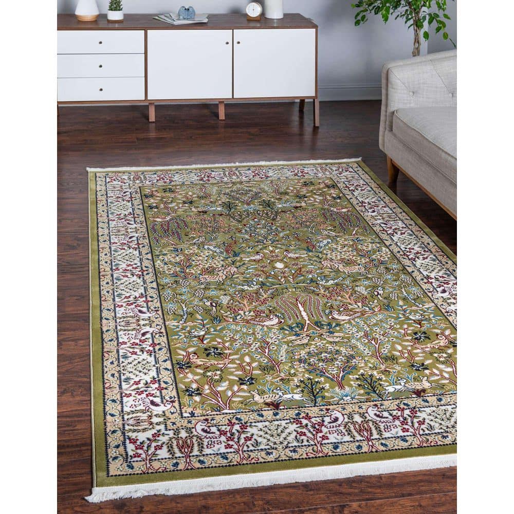 Green and Ivory Rectangular Floral Synthetic Area Rug 10' x 13'